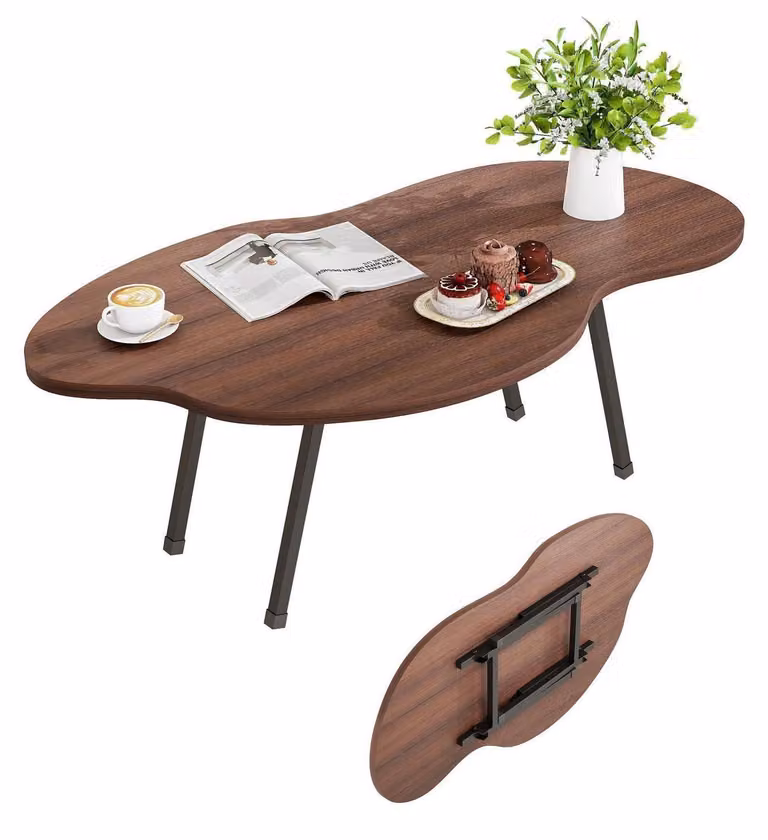 Tavolino pieghevole a forma di nuvola, in legno noce, dimensioni 100x55x42 cm, realizzato in MDF e metallo