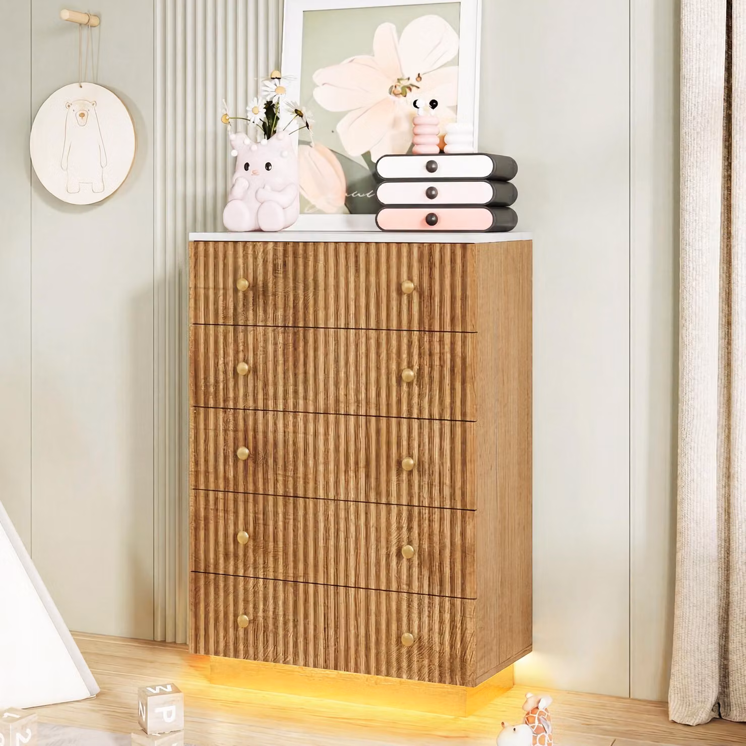 ProximaX Comodino in legno naturale a 5 cassetti con illuminazione a LED regolabile, superficie zigrinata, mobile stabile per camera da letto e soggiorno