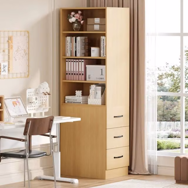 Libreria moderna REDOM in MDF color marrone con ripiani regolabili e cassetti laterali H 180 x L 60 x P 38 cm