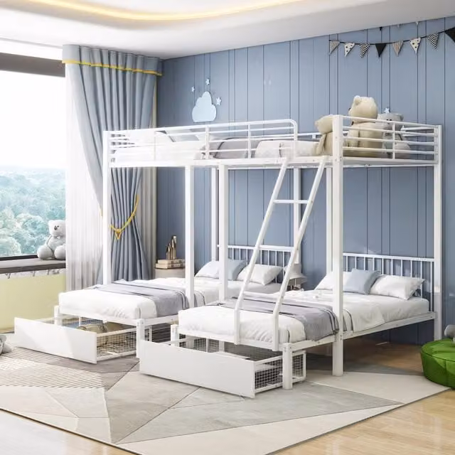 Letto a castello Mivray in metallo bianco con cassetti, trasformabile, L/P/H: 246 x 140 x 206 cm e due letti da 90 x 200 cm