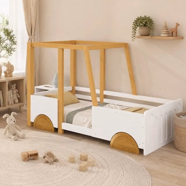 Letto Auto per Bambini 90x200 cm in Pino e MDF, Bianco e Naturale con Ruote