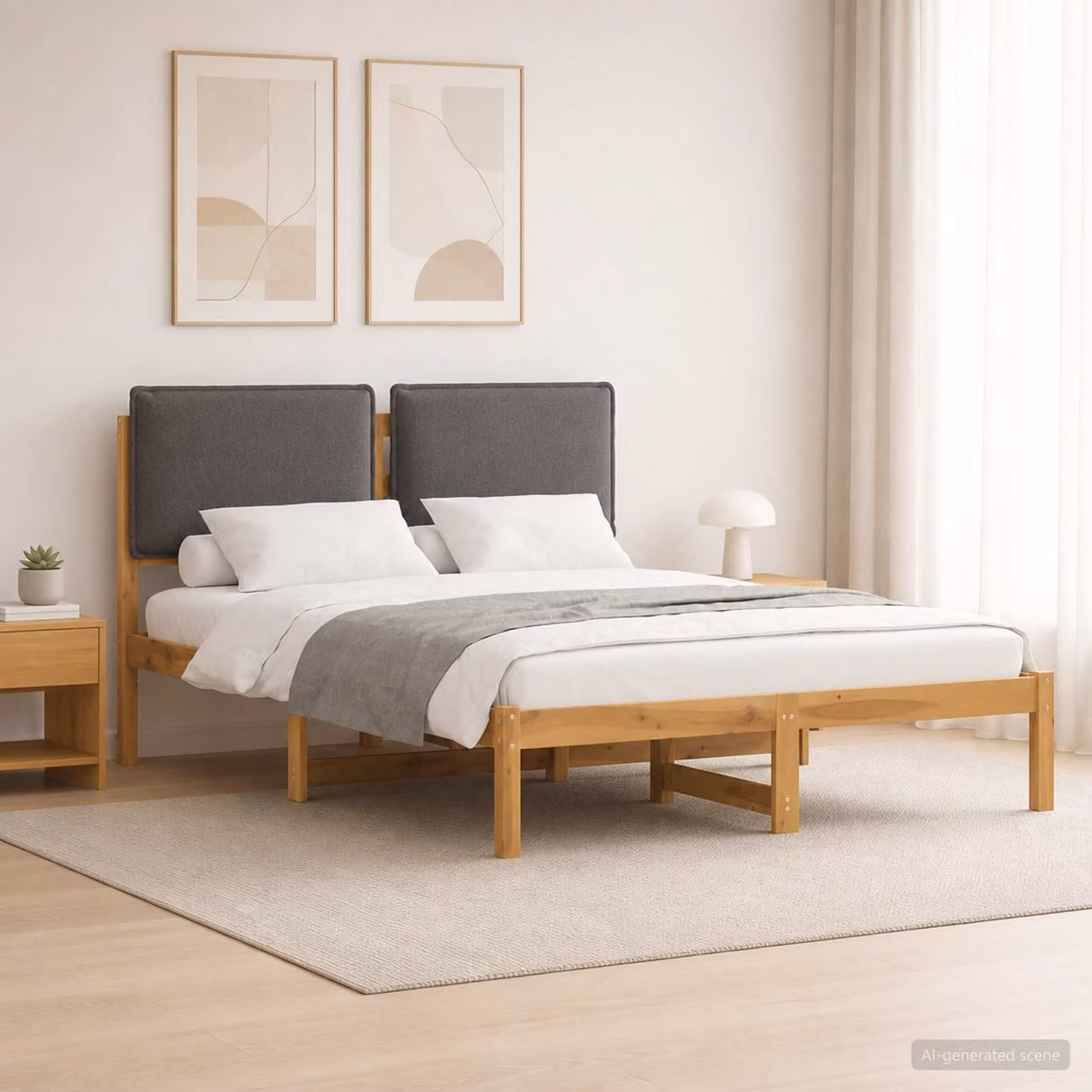 Letto con testiera rivestita vidaXL in legno di acacia, bianco lavato e grigio chiaro, L/P/H: 140 x 190 x 85 cm