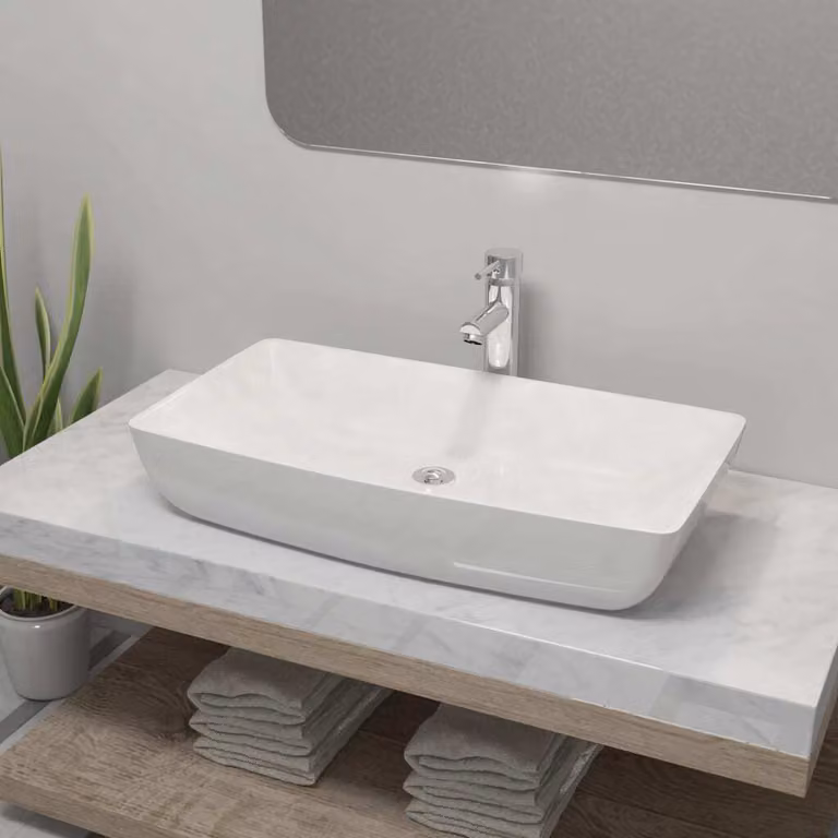 The Living Store Lavandino da bagno con miscelatore in Vetroceramica rettangolare bianco