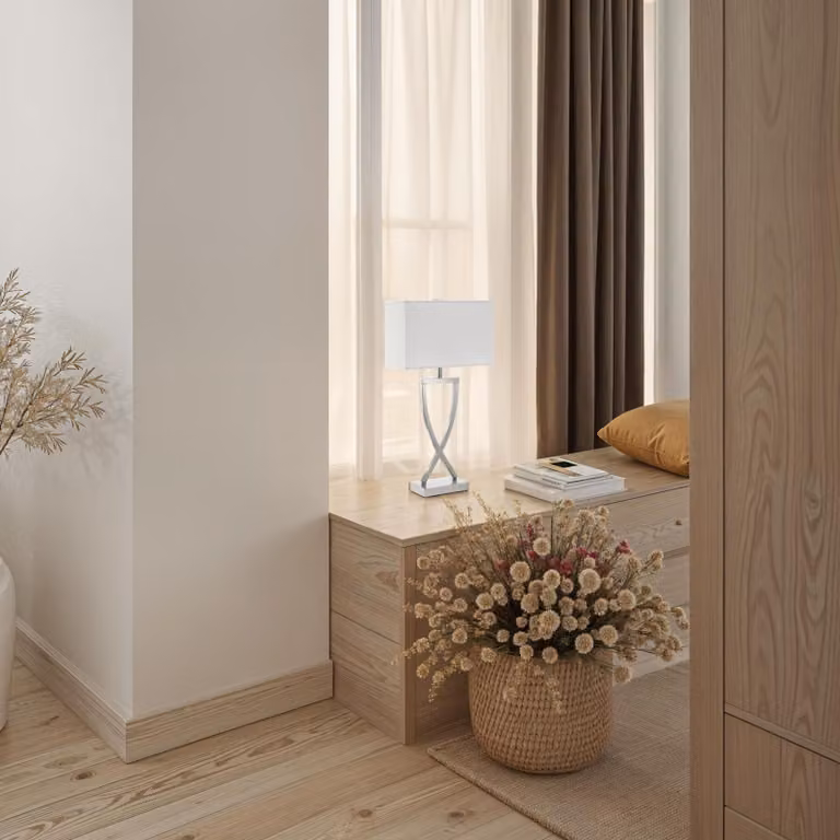 Lampada da tavolo tectake moderna in metallo e tessuto, colore argento e bianco, con attacco E27
