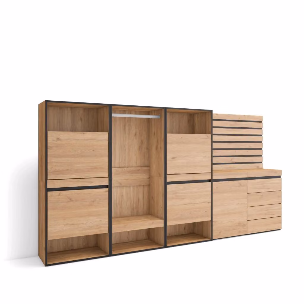 Scarpiera e Armadio Aperto SKRAUT HOME con Cassettiera e Pannelli Decorativi, Colore Rovere, L/P/H: 287 x 35 x 145 cm – 2