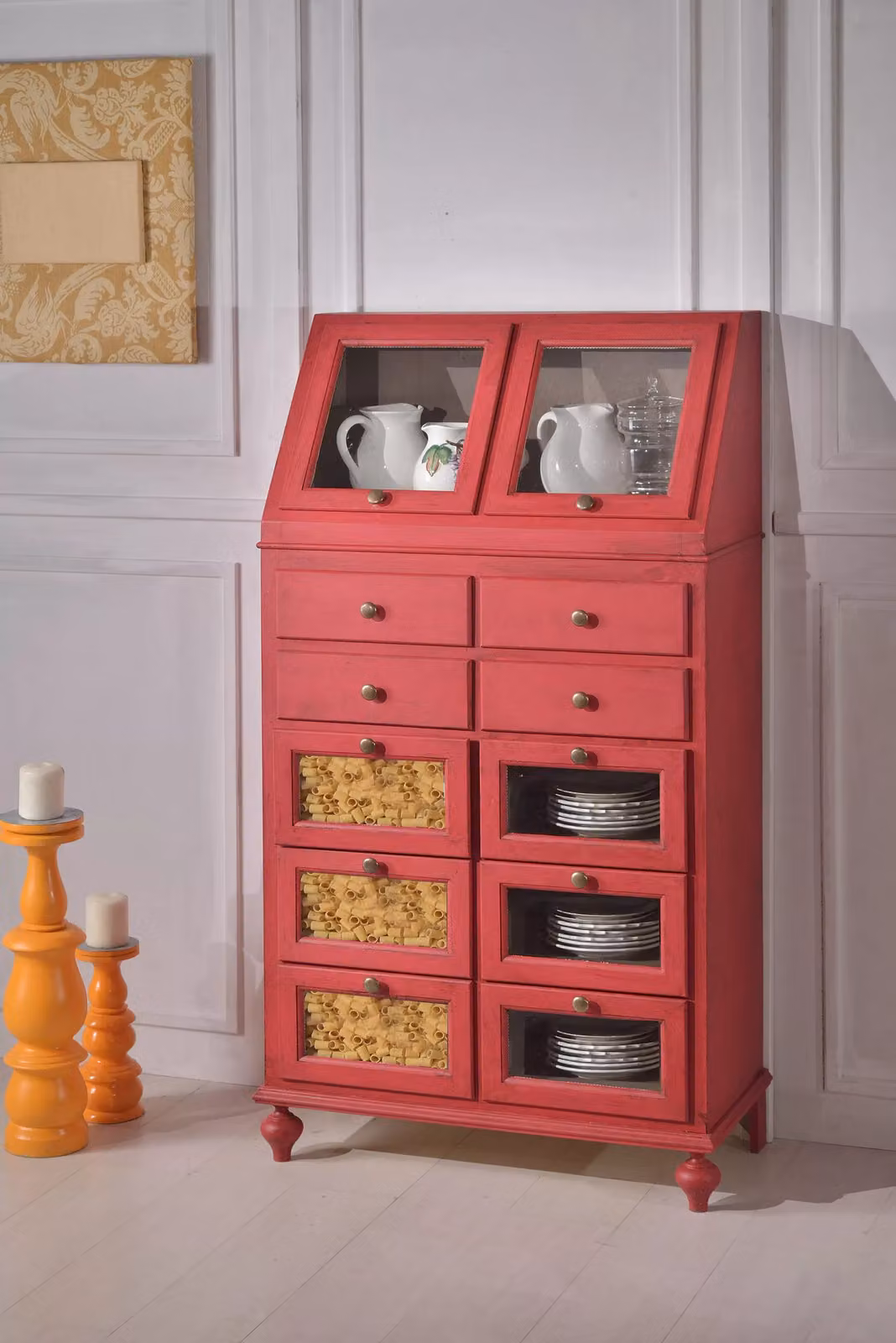 Dispensa Shabby Chic in Legno Rosso Anticato con Ante in Vetro Mobili 2G L: 80 cm, P: 42 cm, H: 153 cm – 3