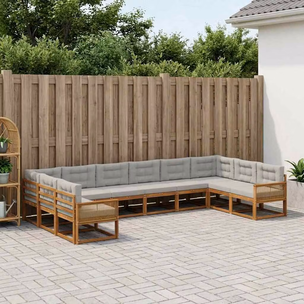 vidaXL Set di divani da esterno a forma di U in legno di acacia con cuscini, 10 pezzi, Beige, Grigio e Marrone