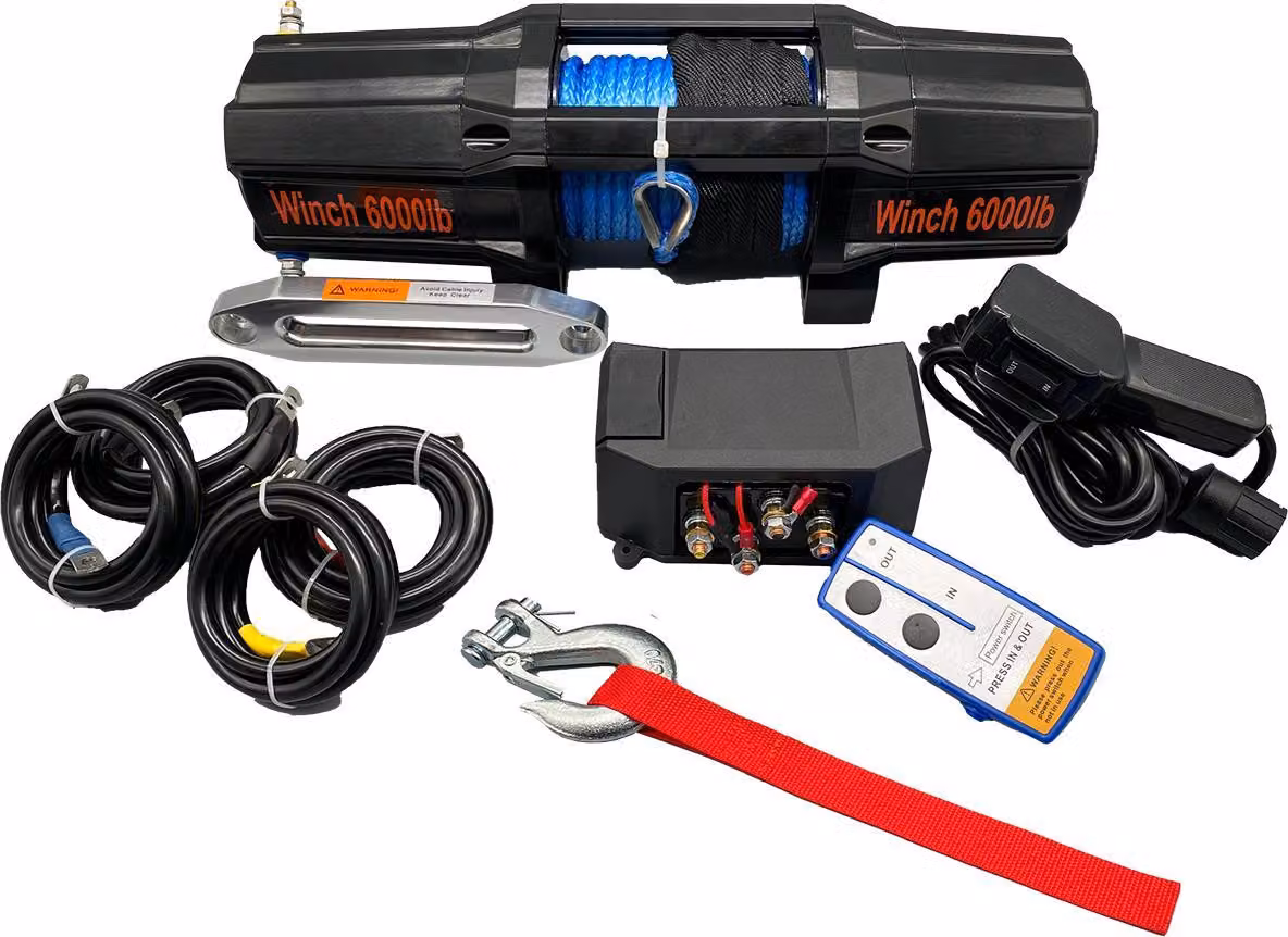 Berger & Schröter | Verricello elettrico professionale 12 V, forza di trazione 2727 kg (5454 lb) con puleggia di rinvio, motore da 2,57 kW, fune sintetica da 15 m Ø 6,3 mm, 6000 lb