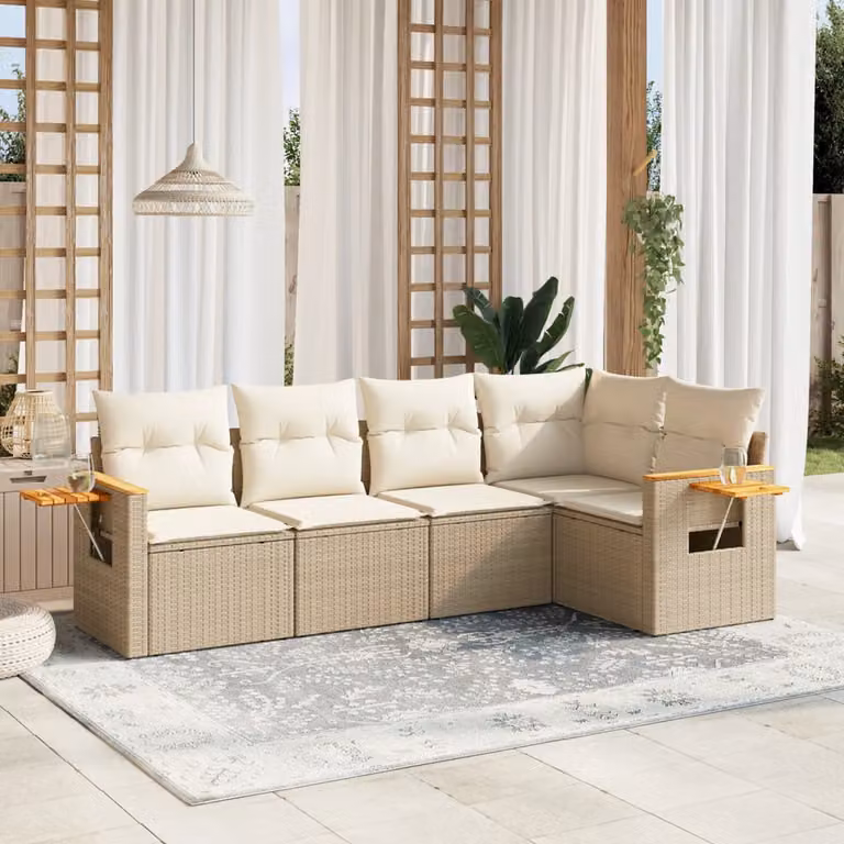 vidaXL Set Divano da Giardino a L 5 pz con Cuscini Beige e Tavolino in Polyrattan e Legno di Acacia