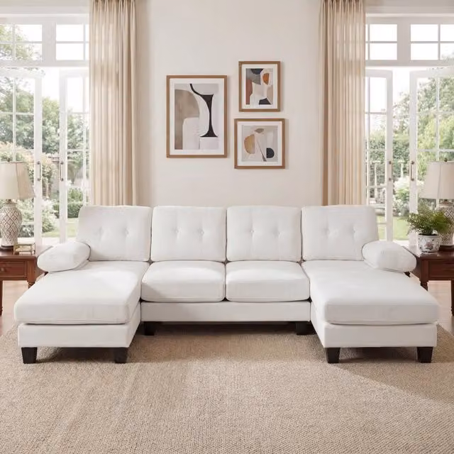 Divano a U con chaise longue bilaterale, tasche laterali e braccioli removibili in chenille beige 268 × 128 × 84 cm
