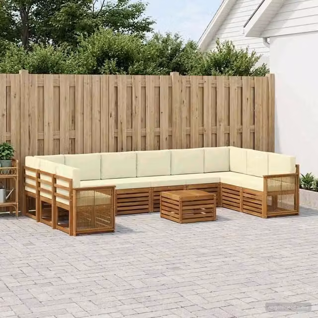 Set di divani da esterno a forma di U con tavolo da caffè vidaXL in legno di acacia, colore beige e bianco