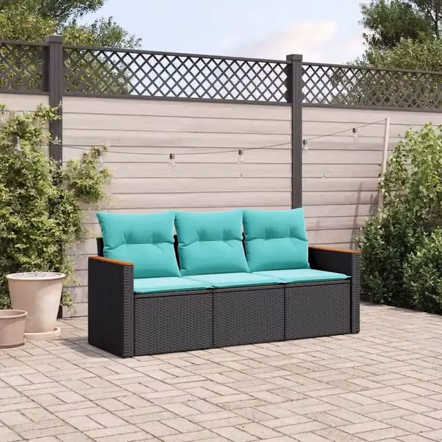 Set Divani da Giardino 3 pz con Cuscini Nero in Polyrattan 3225756