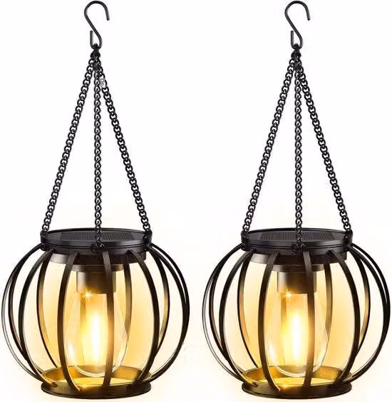 Lampade solari - Set da 2 - Appese - Illuminazione solare per esterni - Con grandi lampade a LED - Impermeabili - Lampade solari per il giardino - Con gancio e catena - Ideali per terrazzi, giardini, balconi e interni
