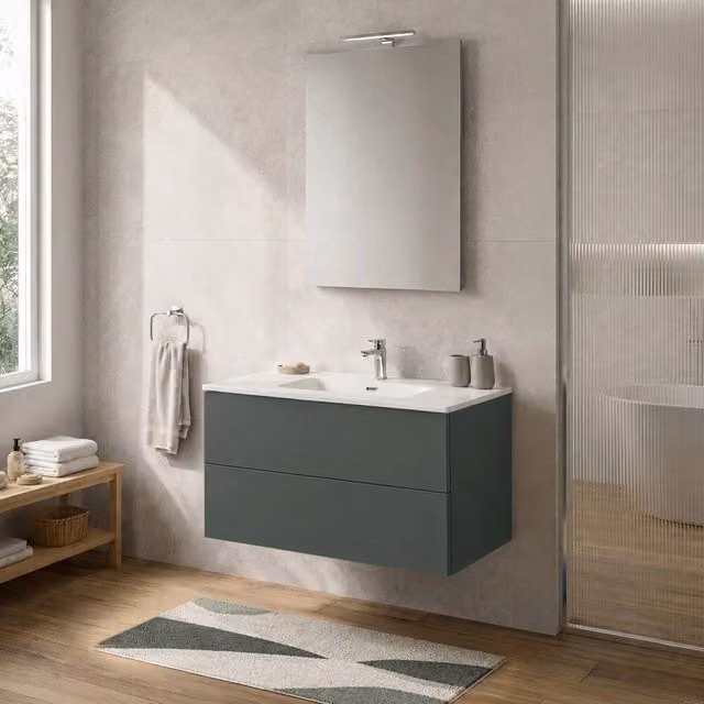 Mobile bagno sospeso Tierra verde con due cassetti push-pull e lavabo L: 100 cm, P: 50 cm, H: 45 cm
