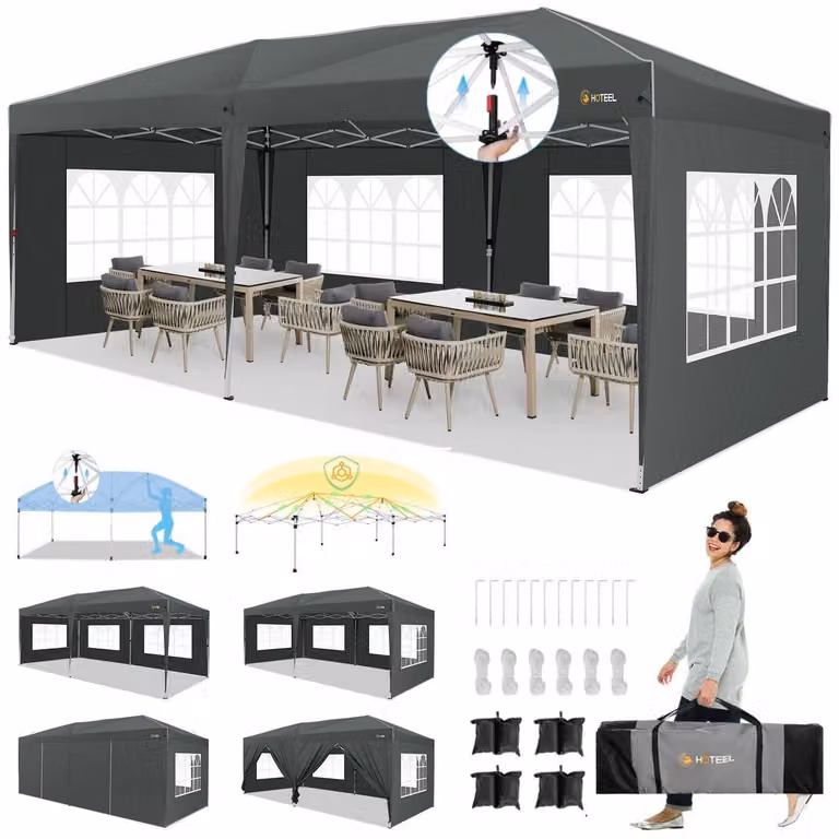 Gazebo da esterno 3x6 metri, grigio, impermeabile, stabile, con pareti laterali