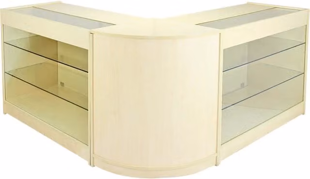 Set Horizon Monster Shop con 3 Banconi da Negozio e Reception in Acero e Beige con Ante in Vetro