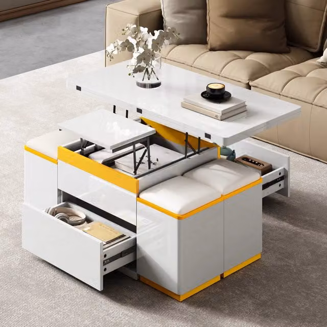 Tavolino basso sollevabile e pieghevole con cassetti vani aperti e 4 sgabelli contenitore bianco e giallo 100 × 50 × 43 cm