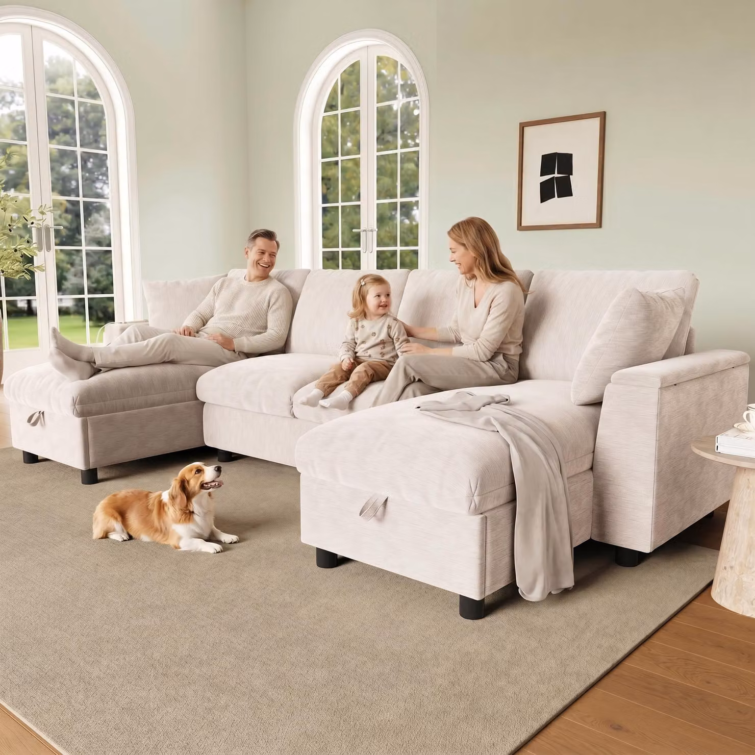 Divano ad angolo a U Merax a 4 posti, divano in ciniglia con 2 chaise longue, schienale ribaltabile, portabicchieri, contenitore per la biancheria da letto, vano portaoggetti, divano, beige