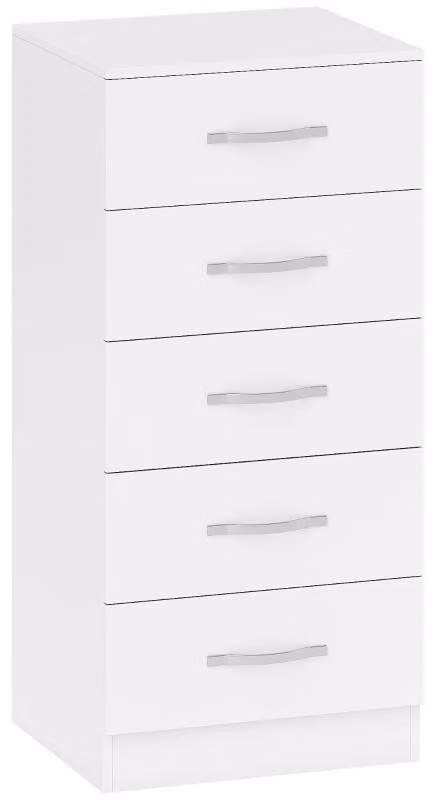 Comò Moonbite con 5 cassetti, dimensioni 40 x 35 x 85 cm, maniglie argentate sottili, pannello di particelle di legno , capacità di carico per cassetto: 5 kg, comodino, ideale per ingresso o corridoio, colore bianco
