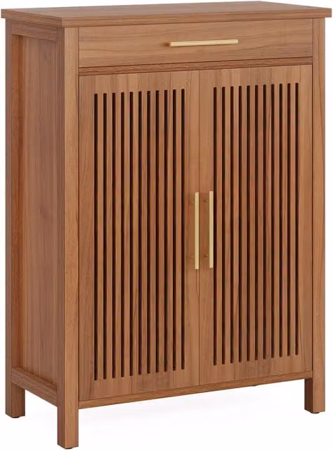 Scarpiera per ingresso in stile rustico marrone con 2 ante a lamelle, 1 cassetto e 5 ripiani interni in MDF e metallo