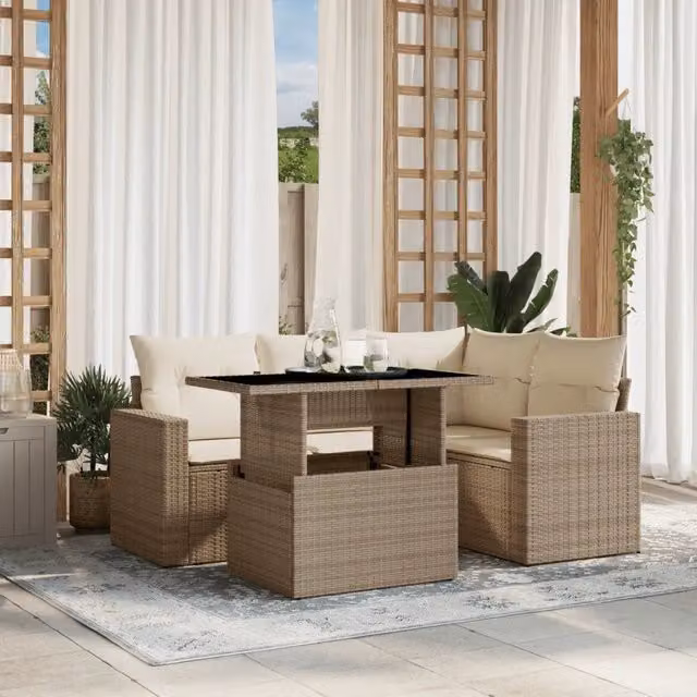 Set Divano da Giardino a L vidaXL in Polyrattan con Cuscini Beige e Tavolino da 5 Pezzi – 1