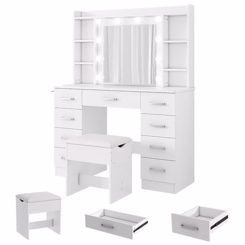 ZELURXX Toeletta bianca 110×40×145 cm con specchio a LED, 10 luci, porta USB, sgabello, supporto per asciugacapelli, 9 cassetti, toeletta in stile hollywoodiano per camera da letto