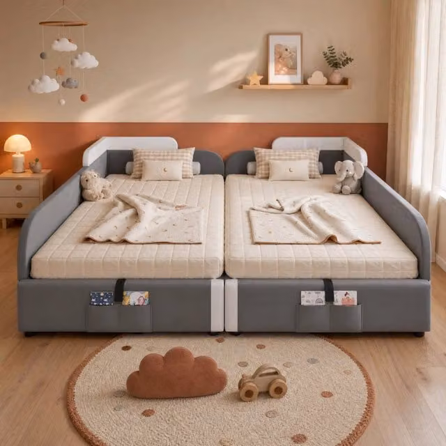 Letto imbottito per bambini con contenitore idraulico e barriera morbida, grigio, 2x 90x200 cm