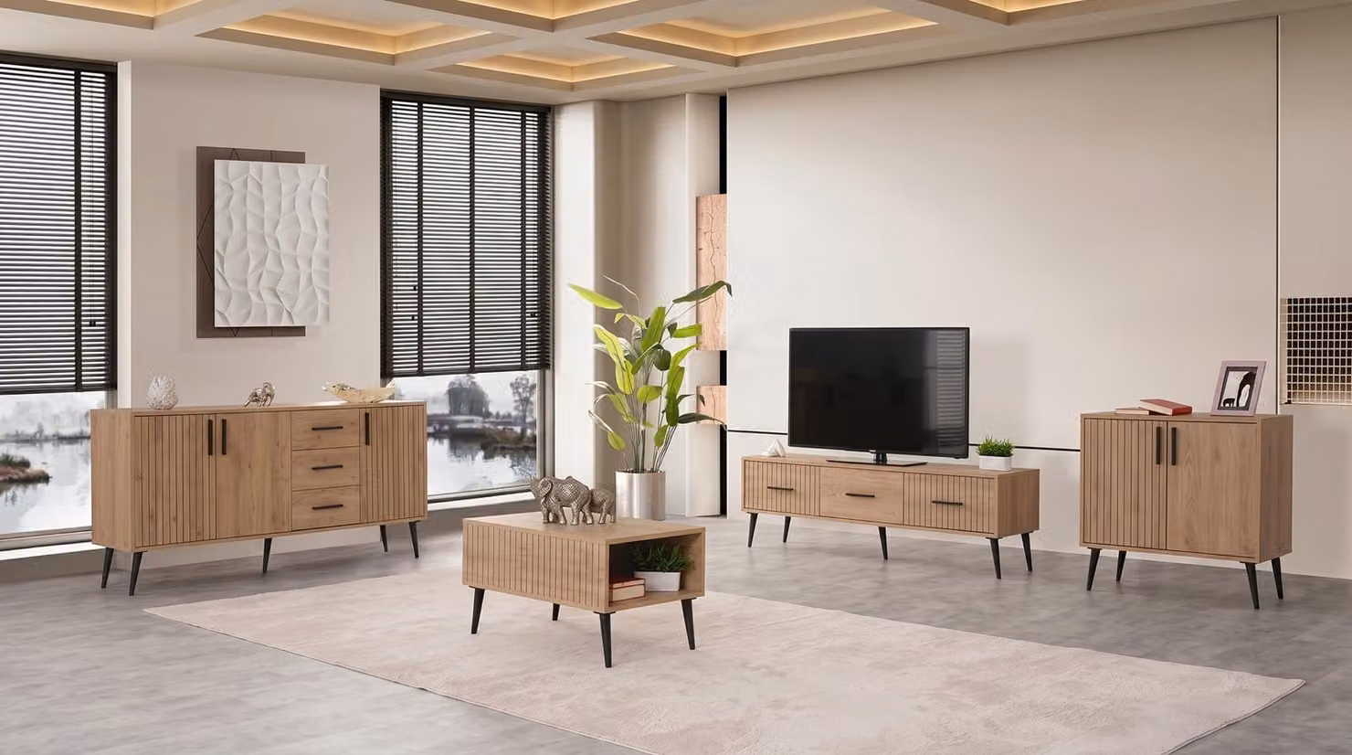 Set di mobili da soggiorno in legno scuro: mobile TV, tavolino, consolle, armadio, design moderno