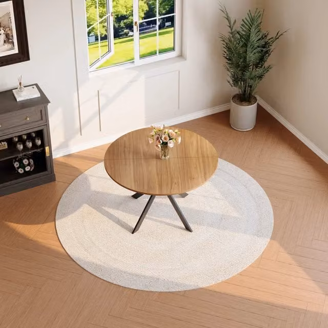 Tavolo da pranzo rotondo in MDF effetto noce con base a X in metallo nero per cucina e soggiorno
