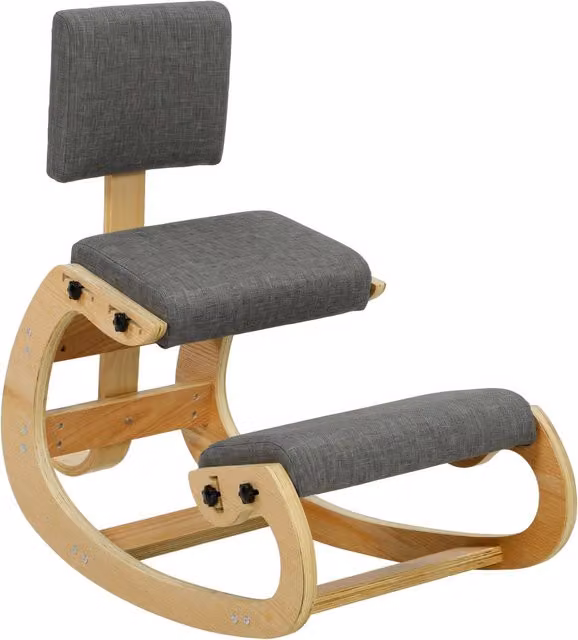 Sedia Ergonomica Inginocchiata con Schienale e Dondolo, Poggiaginocchia 48 cm, in Lino Grigio, Portata 120 kg
