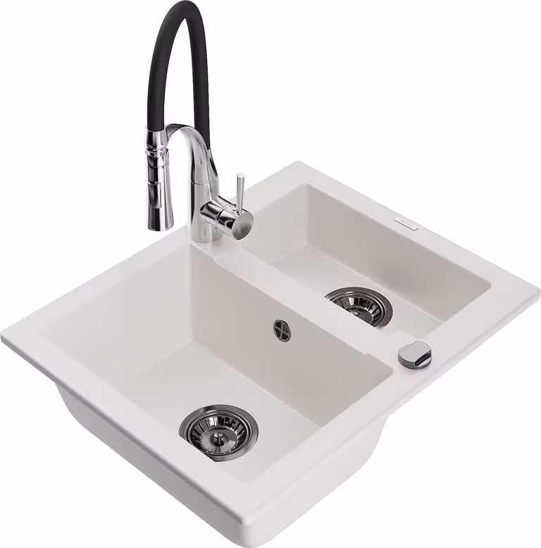 Mexen Carlos lavello in granito a 1,5 vasche con miscelatore da cucina Aster, bianco - 6518-20-73450-07-B