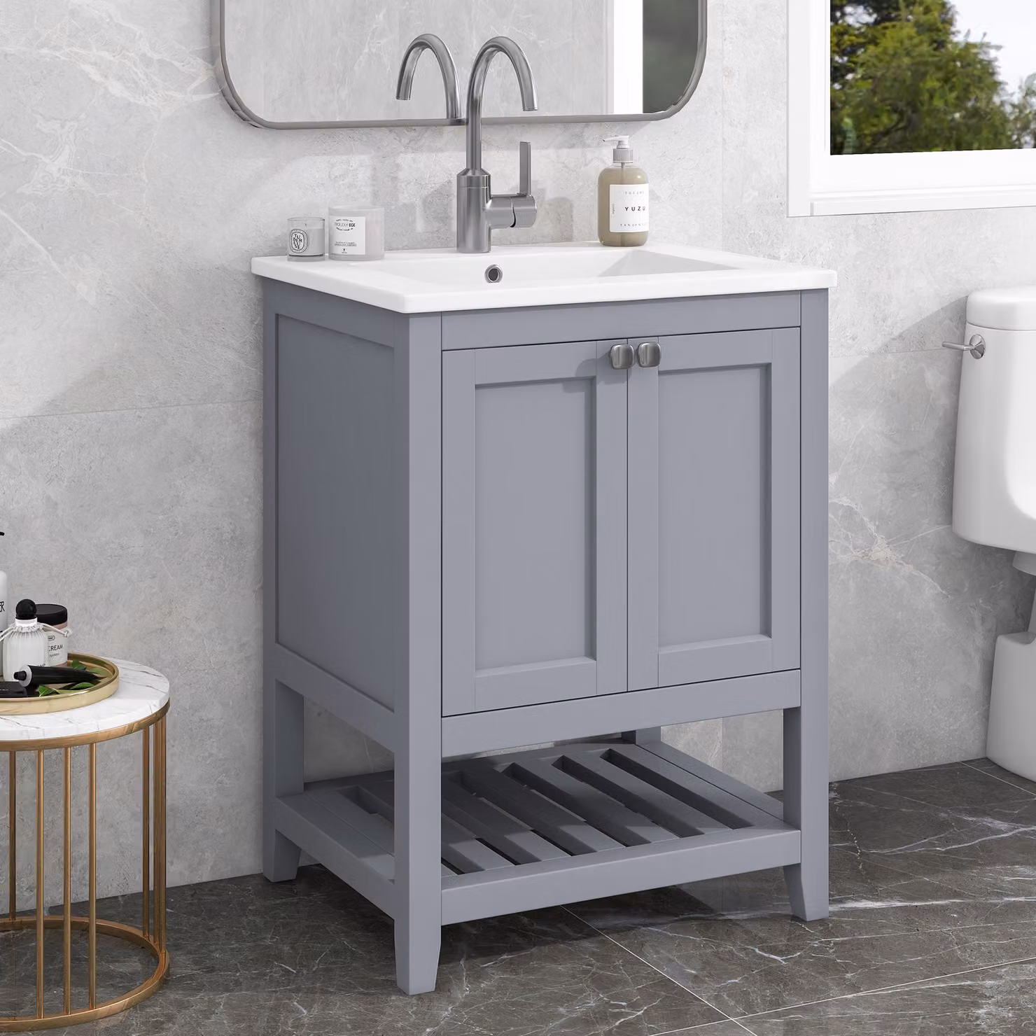 Mobili da bagno Sweiko Lavabo singolo con mobiletto 60cm con lavabo in Vetroceramica, grigio chiaro