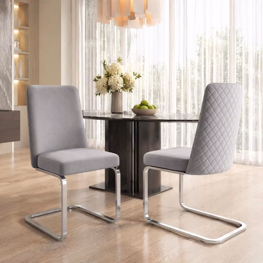 Set da 2 sedie da pranzo REDOM in velluto grigio e argento con base cantilever in metallo, L/P/H: 63,5 x 63,5 x 47,63 cm – 2
