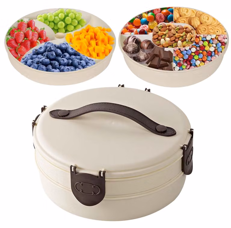 Elzusha - Piatto snack a due livelli con coperchio e maniglia