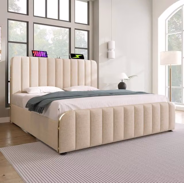 Letto matrimoniale imbottito 140x200 cm in lino beige con USB Type-C; contenitore e materasso H3