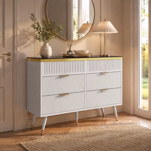 Cassettiera bianca con 6 cassetti; divisori removibili e piano in vetro; 120 x 40 x 76 cm