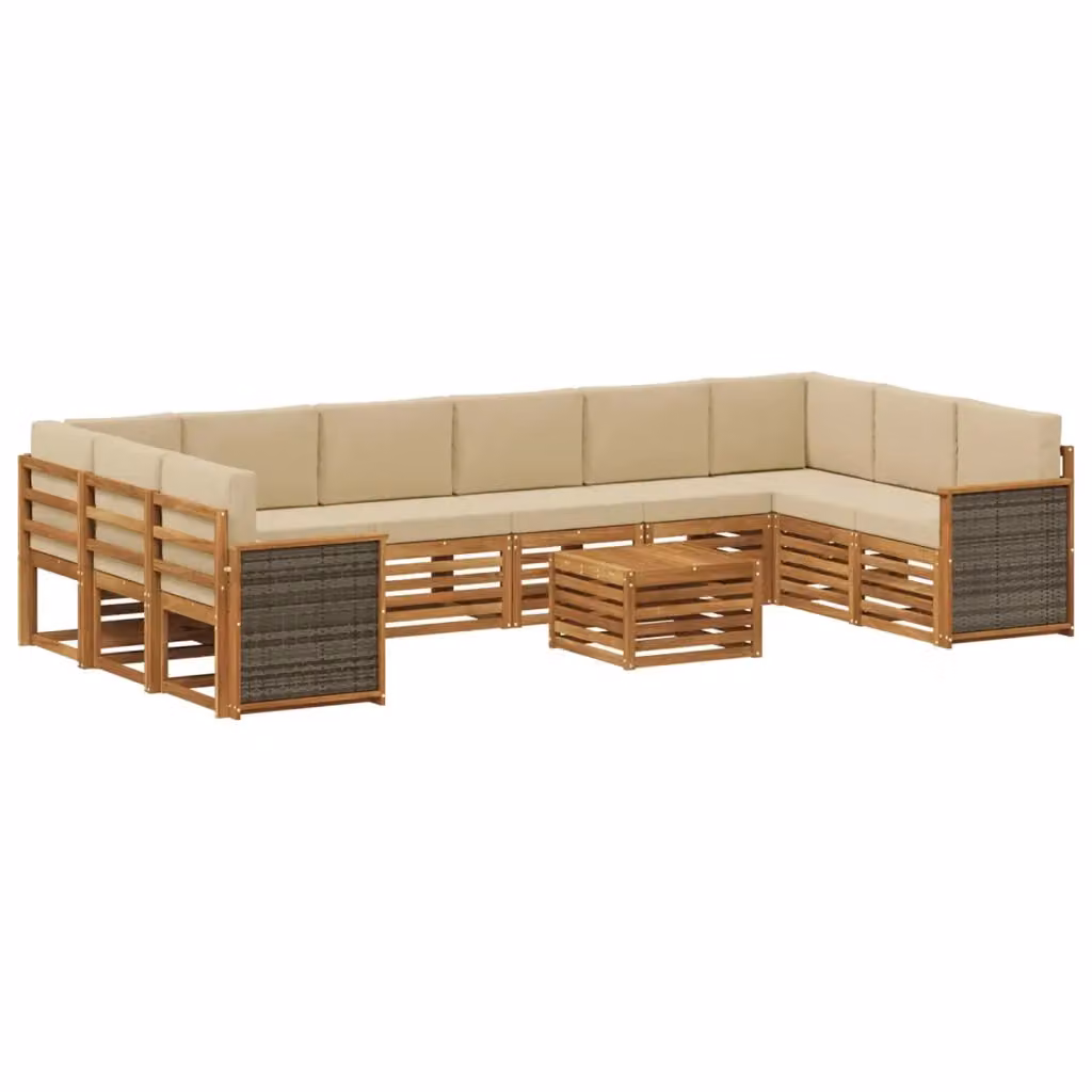 Set di divani da esterno vidaXL in legno di acacia con forma a L e tavolino, 11 pezzi, Beige e Marrone – 2
