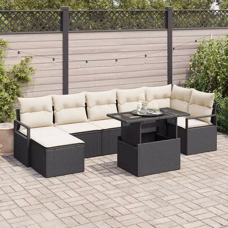 Set Divano da Giardino a L vidaXL 8 pz Nero e Beige con Cuscini e Tavolino