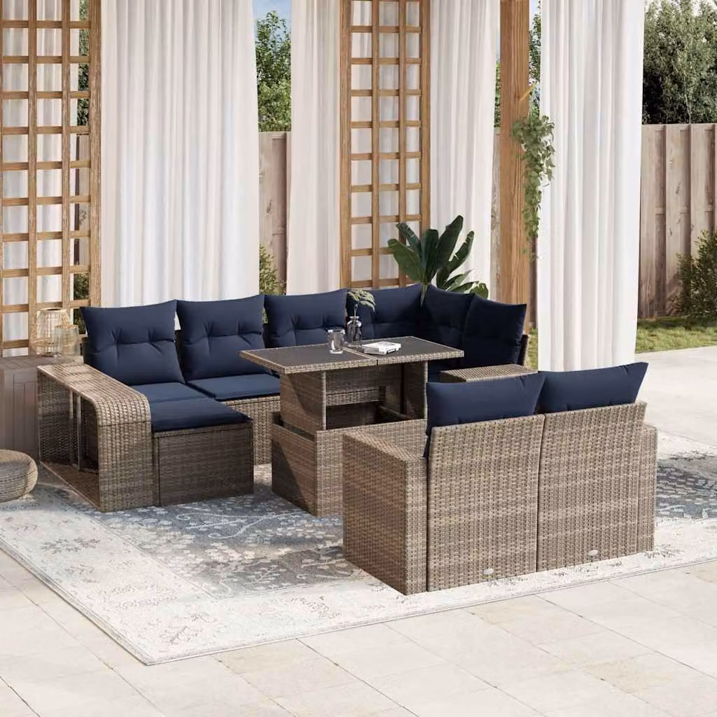 Set di divani da giardino vidaXL 11 pezzi con cuscini in polyrattan e struttura in metallo, colore grigio e blu, design moderno a forma di L per terrazzo e balcone