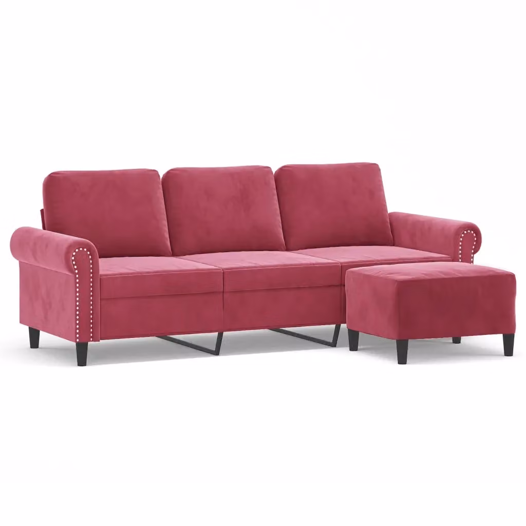 Divano a 3 posti con poggiapiedi vidaXL in velluto rosso per il tuo soggiorno L: 212 cm, P: 80 cm, H: 77 cm – 2