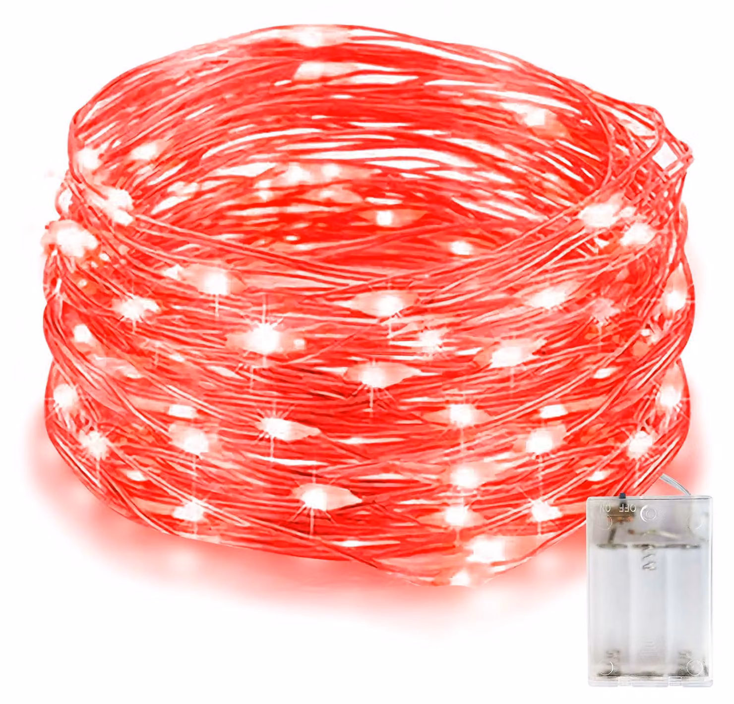 Catena luminosa a LED, 100 LED rossi, 10 metri, filo argentato, alimentazione a batteria
