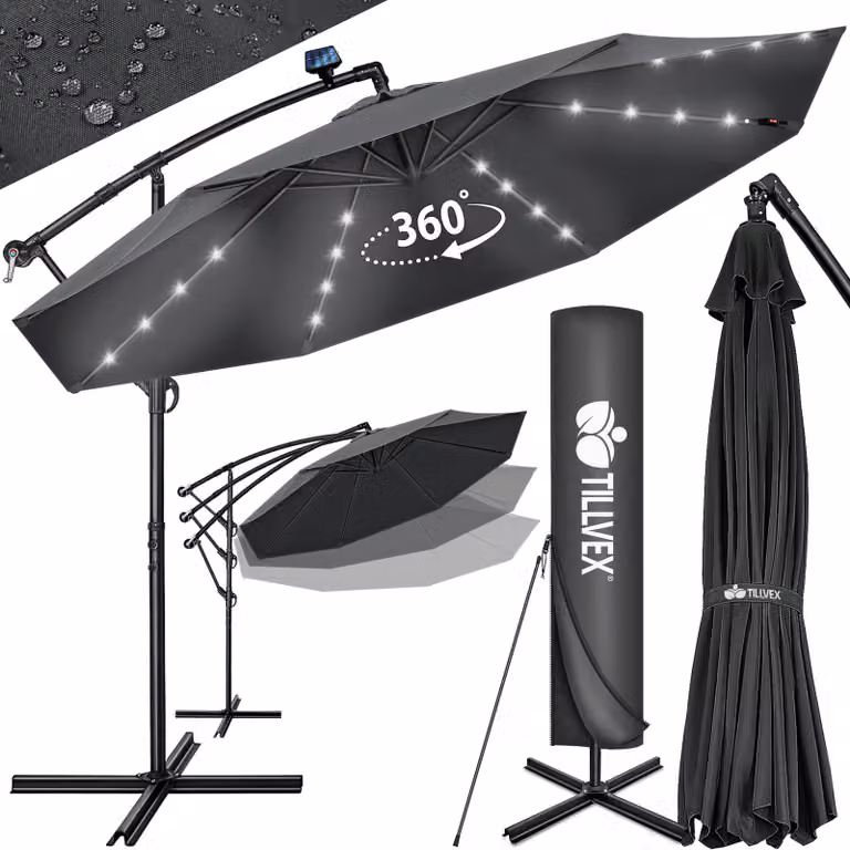 tillvex ombrellone a sbalzo in alluminio antracite LED solare Ø 350 cm con manovella | ombrellone con interruttore on/off | ombrellone da giardino protezione UV alluminio | ombrellone a manovella con supporto ombrellone da mercato impermeabile