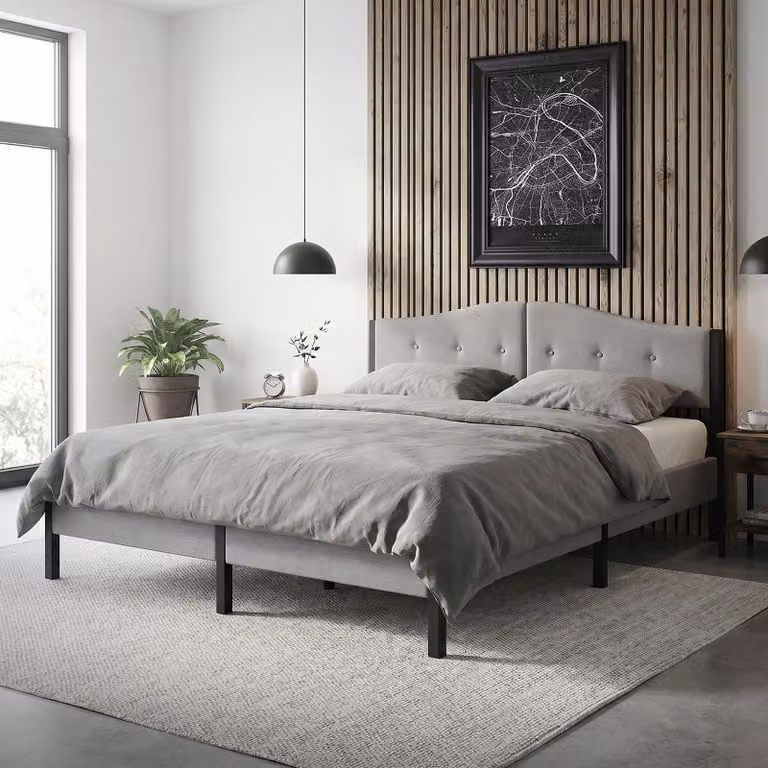 Letto imbottito ML-Design 180x200 cm, grigio. Letto matrimoniale con solida struttura, testiera, rete a doghe e rivestimento in lino. Letto moderno per ragazzi.