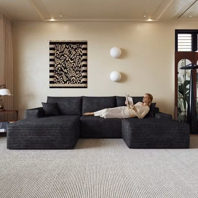 Divano angolare modulare nero 4 posti con chaise longue a L, rivestimento in velluto a coste, 270x175x83 cm