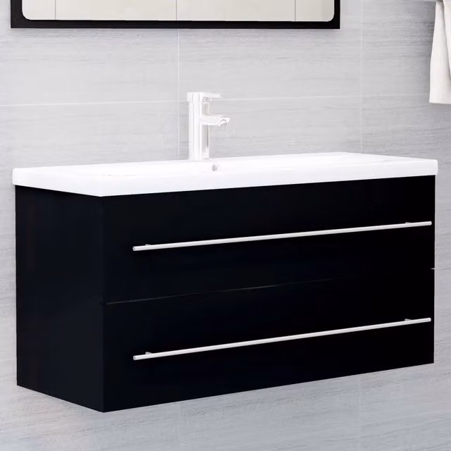 Mobile da bagno moderno vidaXL con lavabo in ceramica nero e bianco sospeso in legno – 1