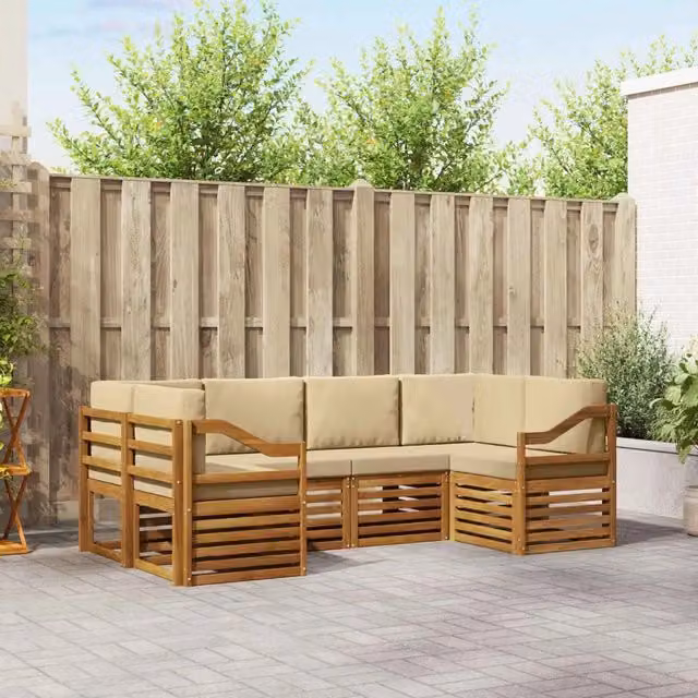 Set di divani da esterno a L vidaXL in legno di acacia con cuscini, colore marrone e beige – 1