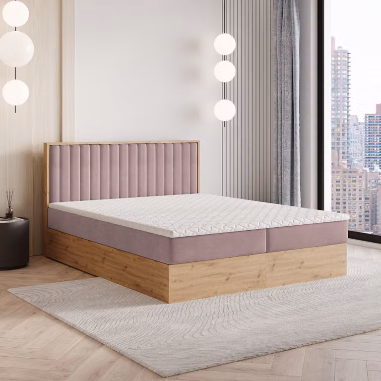Letto a molle Masseno VARELI 140x200 cm completo di materasso e topper Bonell, letto imbottito con cassettiera - rosa, SORO 61