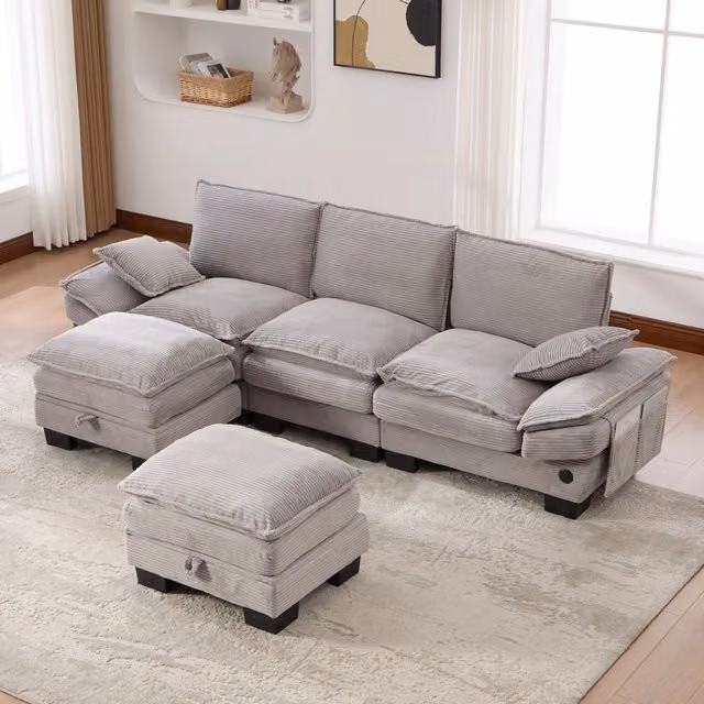 Divano 3 Posti con Poggiapiedi in Velluto a Coste ¨C MINIMAL ¨C Grigio Chiaro