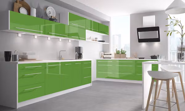 Blocco cucina 490cm bianco / giallo verde laccato lucido