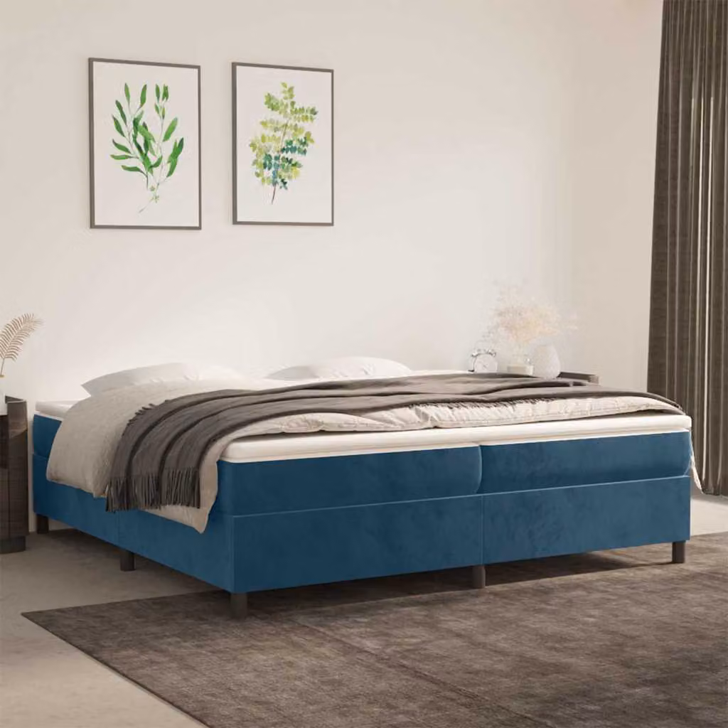 Letto Ibrido vidaXL con Giroletto a Molle e Materasso in Velluto Blu Scuro e Bianco, L/P: 200 x 200 cm